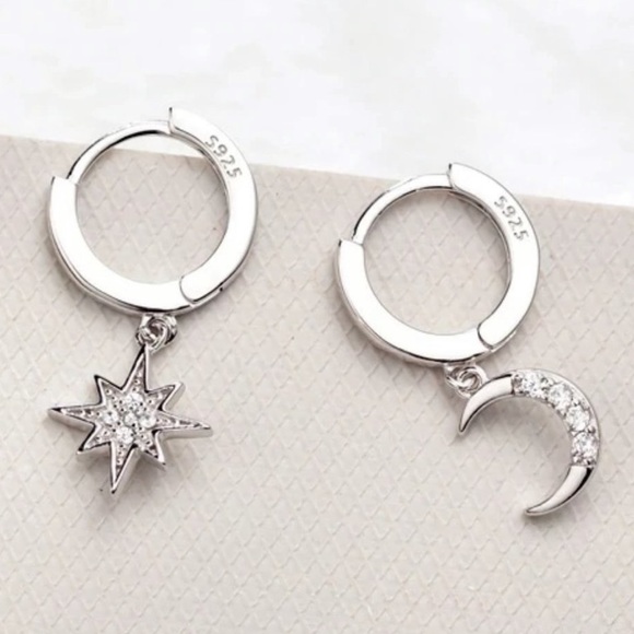 Jewelry - NEW MOON STAR 925 STERLING SILVER DIAMOND HOOPS